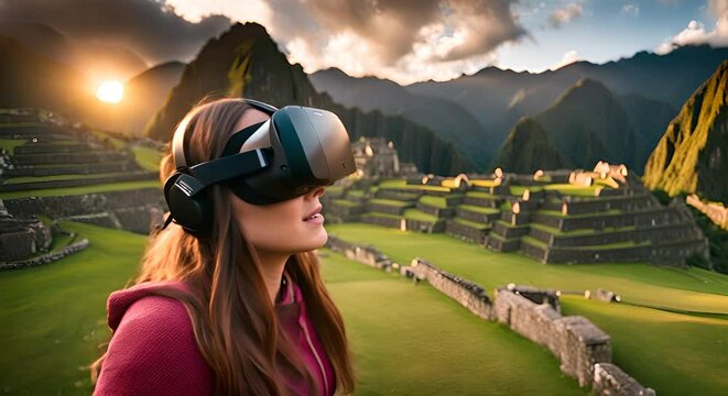 Woman with VR glasses in Machu Picchu.