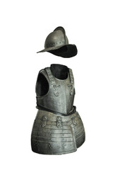 Old medieval knight breastplate body armor with helmet, isolated, transparent png cutout