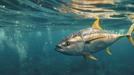 Tuna Fish Roaming Underwater, Marine Life Themed Background with Copyspace