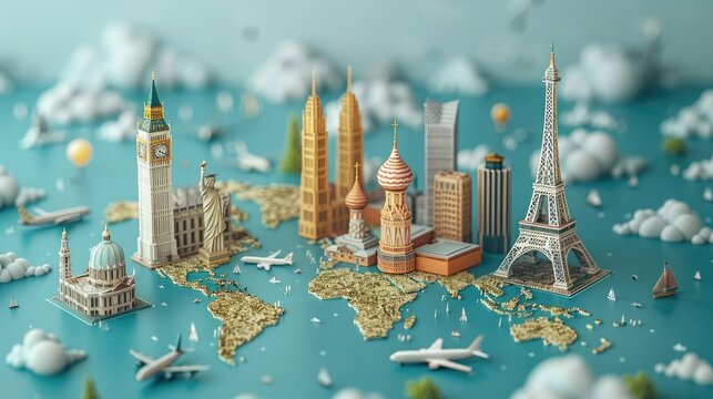 Iconic landmarks from around the world on a miniature globe with airplanes flying overhead.