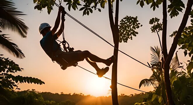 Person enjoying a zip line in the jungle.