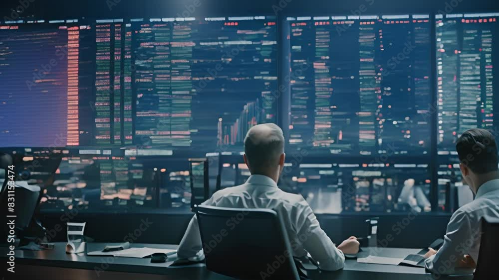 Aufkleber two men sitting at desk in front of large screen generative ai