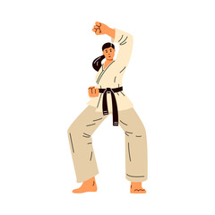 The character is a karateka in motion practicing martial art. Isolated background.