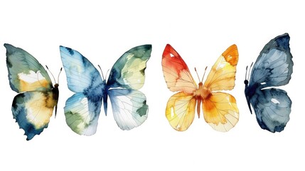 Four butterflies painted with watercolors separated against a white backdrop