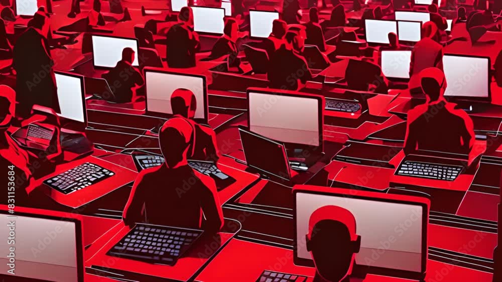 Poster group of people working at desks with computers generative ai