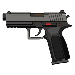 A black handgun with a red dot sight is shown on a white background