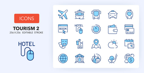 Line icons about tourism and travel destinations. Contains such icons as booking, cruise, golf and more. 256x256 Pixel Perfect editable in two colors. Set 2/2