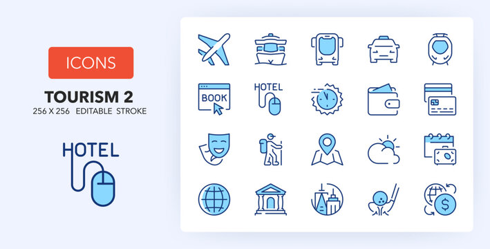 Line icons about tourism and travel destinations. Contains such icons as booking, cruise, golf and more. 256x256 Pixel Perfect editable in two colors. Set 2/2