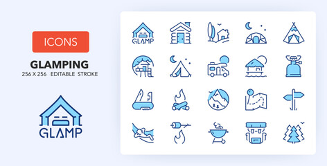 Line icons about glamping and outdoor activities. Contains such icons as camping, treehouse, barbecue and more. 256x256 Pixel Perfect editable in two colors