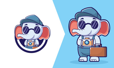 Elephant mascot logo, cute, small elephant with a tiny suitcase and a camera hanging around its neck. The elephant can be wearing a sunhat and sunglasses