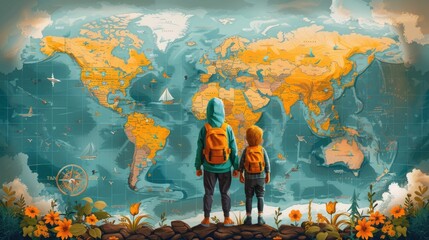 Two figures stand before a colorful world map, symbolizing adventure, exploration, and the journey of life.
