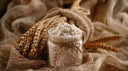 a glass jar filled with tangy sourdough starter, accented by a decorative arrangement of wheat ears on a textured burlap backdrop.