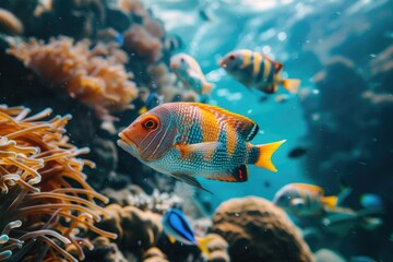 Naklejka premium In the tropical climate of the Red Sea, a yellow blue fish swims underwater in salty sea water near a coral reef. Underwater life, diving, snorkeling.