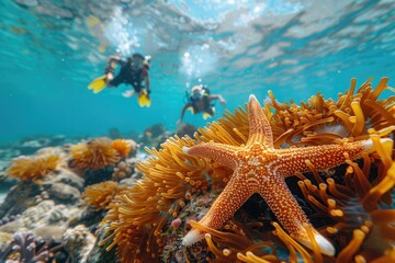 bright orange starfish in clear salty sea water lies on the ocean floor near a coral reef. Underwater life, snorkeling, diving concept