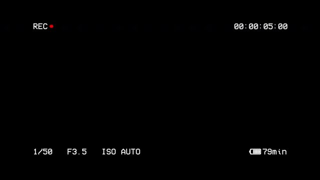 Old VHS record with settings, timecode and battery indicator overlay, VCR record with settings, timecode and battery indicator, Blinking record VCR with timer