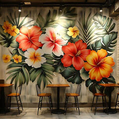 A wall painted with tropical flowers and cadeiras and tables