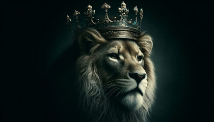 A noble lion wearing an ornate crown, enhanced by subtle lighting and a moody backdrop.
