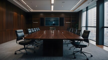interior is an office meting room  with dark wooden theme