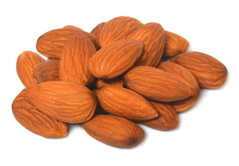 Almond nuts closeup isolated on white background. Flat lay, top view