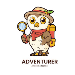 Owl mascot logo, A small owl with a travel hat and a tiny backpack. The owl can have a magnifying glass
