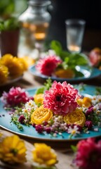The image is a photograph of a path in a forest. The path is covered in fallen leaves and there are trees on either side of the path. The trees are in full bloom and there are pink flowers on the grou