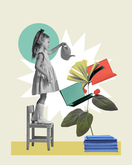 Metaphorical image of importance of knowledge. Little girl watering plant with book leaves....