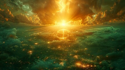 Obraz premium Abstract light rays emerging from a central dollar sign, illuminating a landscape of green and gold. Minimal and Simple style