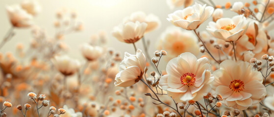 Vibrant flowers contrast against a soft cream backdrop, creating a harmonious display.