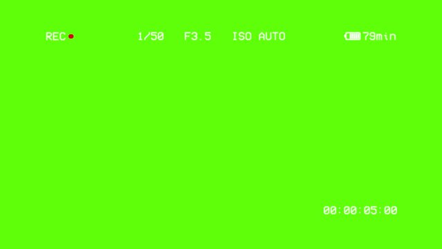 Old VHS record with settings, timecode and battery indicator overlay on green screen, VCR record with settings, timecode and battery indicator green screen, Blinking record VCR with timer green screen