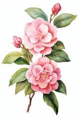 Camellia, Watercolor Floral Border, watercolor illustration, isolated on white background