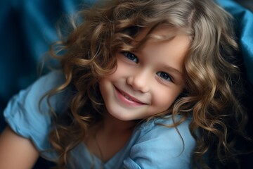 Fototapeta premium An adorable child, illustrated with long, wavy brown hair and dressed in blue, lounges contentedly in studio photo shooting background.