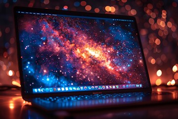 A laptop with a galaxy background on the screen, illuminated by warm light. The focus is on the screen.