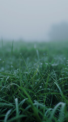 Close-up view of dewdrops on green grass blades on a foggy morning, with a soft-focus background