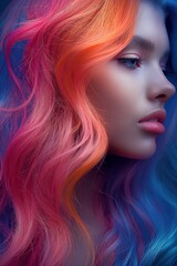 Young model with wavy, colourful hair showcasing glamorous beauty and fashion in a vibrant portrait.