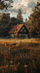A charming cottage surrounded by a lush, blooming meadow under a dramatic sky at sunset