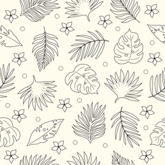 Doodle seamless pattern with palm leaves and plumeria flower. Vector line art design.