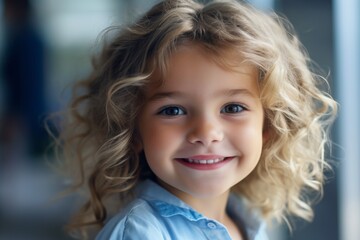 An adorable child, illustrated with long, wavy brown hair and dressed in blue, lounges contentedly in studio photo shooting background.