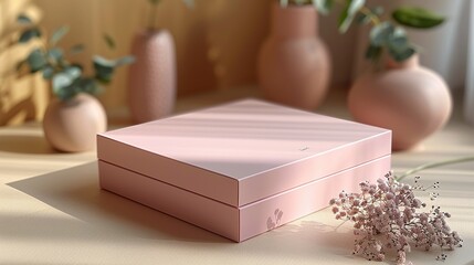 A pastel pink packaging box with smooth edges placed on a soft, beige surface, exuding a sense of calm and sophistication. Minimal and Simple style