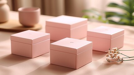 A pastel pink packaging box with smooth edges placed on a soft, beige surface, exuding a sense of calm and sophistication. Minimal and Simple style