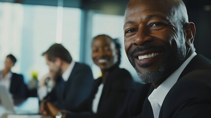 Proud mature black businessman smiling with colleagues sitting in a board room Portrait of happy successful executive with team working in background while looking at camera during mee : Generative AI