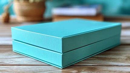 A sleek, turquoise packaging box with a matte finish resting on a light wooden surface, highlighting the natural and contemporary feel. Minimal and Simple style - Powered by Adobe