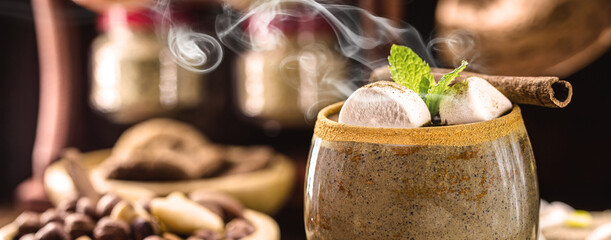 vegan hot chocolate, gluten free, sweetened with cocoa and hazelnuts.