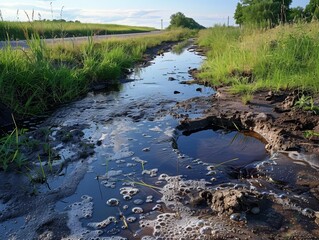 Pollution from pesticide runoff copy space, water contamination, realistic, blend mode, river