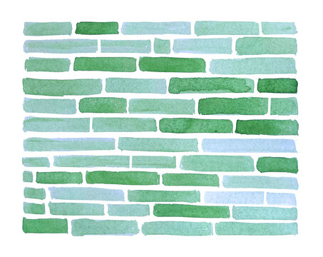 Green watercolor bricks, colorful pattern on white background. Hand-painted abstract rectangles as texture for design.