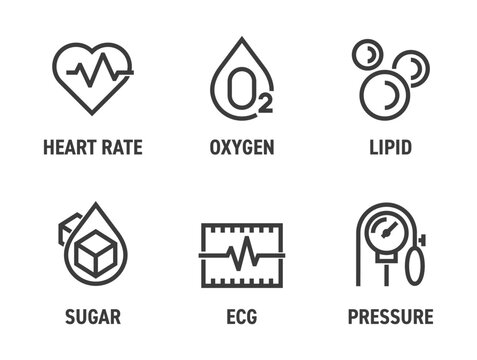 Heart and blood sensors types bold icons set