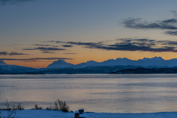 Surroundings of Harstad in the early evening light of the beginning of winter, Lofoten Islands, Norway