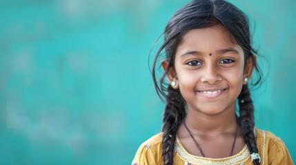 adorable smiling indian girl over teal background shallow depth of field portrait