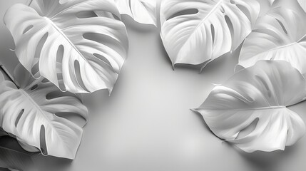 White monstera leaves arranged aesthetically on a white background.