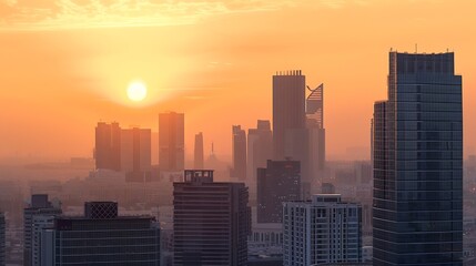 Fototapeta premium Sunset over large buildings equipped with the latest technology King Abdullah Financial District in the capital Riyadh Saudi Arabia : Generative AI