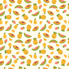 Handdrawn seamless pattern with summer fruits. Vector pineapple, pear, watermelon, papaya and strawberry.